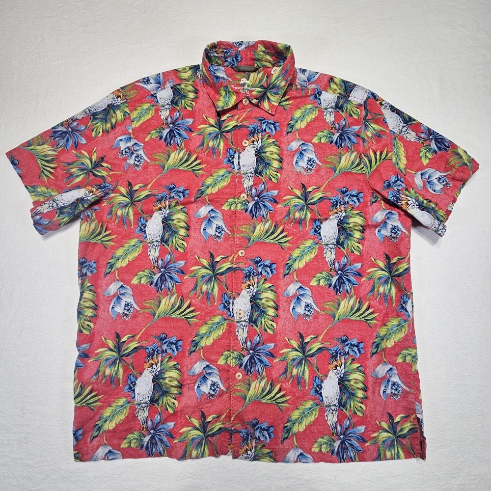 Tommy Bahama Men's XL Red Tropical Parrot Print 100% Cotton Short Sleeve Shirt